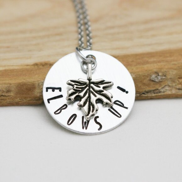 Elbows Up! Maple Leaf Hand Stamped Pendant Necklace - Handmade & Hypoallergenic - Picture 5 of 11